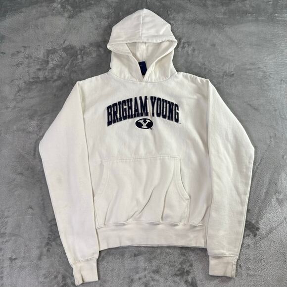 Y2K BYU Cougars white Hoodie Sweatshirt Old Varsity Brand Sz M NCAA STAINED - Picture 1 of 8